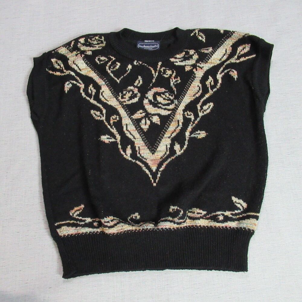 Vtg Mademoiselle Knitwear Sweater Womens Large Black Floral Vest 80s Granny USA